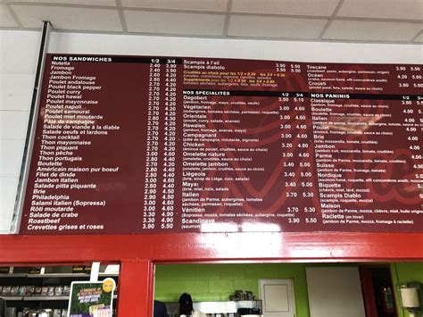 Menu au Mike's Sandwich Shop, Courcelles, Rue de Seneffe