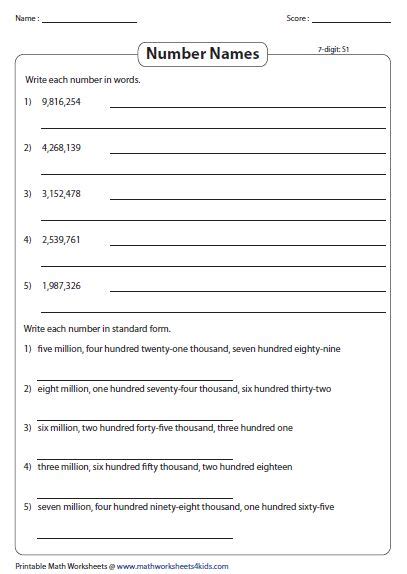 Write Numbers in Words: Large Numbers Worksheets