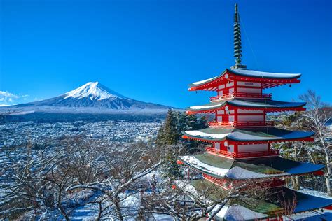 volcano Japan Fujiyoshida winter Mount Fuji panorama Japan Chureito ...