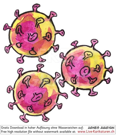 Virus Corona Covid-19 drei Trio gelb lila — www.Live-Karikaturen.ch
