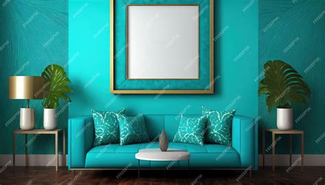 Premium Photo | A turquoise living room with a blue couch and a white ...