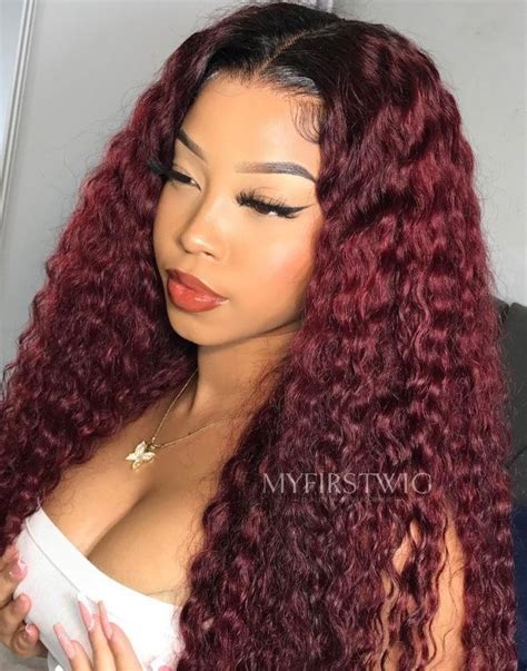 Malaysian Human Hair Deep Wave Burgundy Curly Hair Glueless Lace Front ...