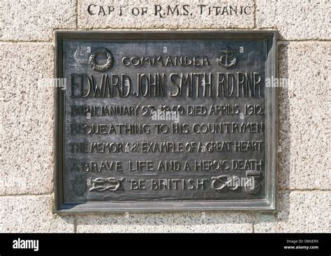 Plaque on statue of Commander Edward John Smith Captain of the Titanic in Beacon Park Gardens ...