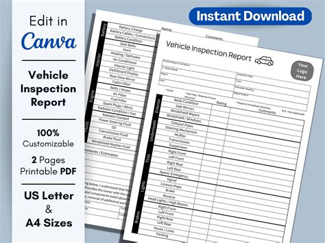 Vehicle Inspection Report Form Printable PDF Multi-point Vehicle Inspection Checklist Inspection ...