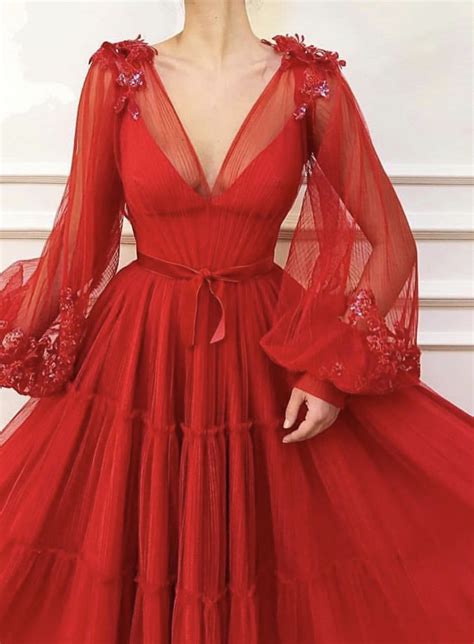 #HOT #RED #DRESS | Tulle prom dress, Long prom dress, Long sleeve dress