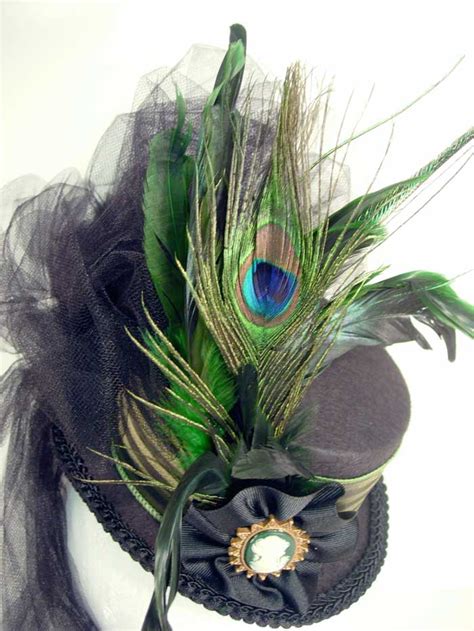 Ladies' Petite Victorian Top Hat - Green-on-Black with Peacock Feather