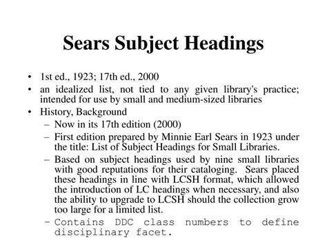 PPT - Sears List of Subject Headings Library of Congress Subject Headings PowerPoint ...