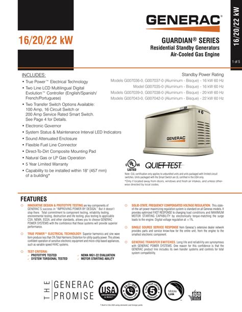 Generac Spec Sheet 16-22 kW