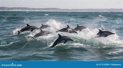 A Pod of Dolphins Jumping in and Out of the Waves, Concept of Marine ...