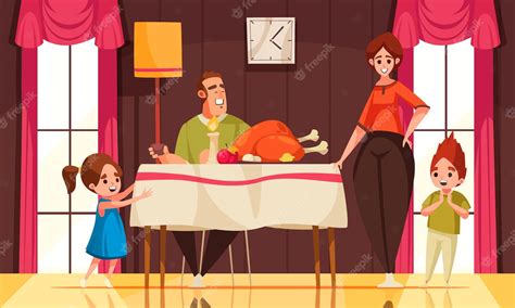 Premium Vector | Autumn holiday scene with happy family celebrating thanksgiving day cartoon ...