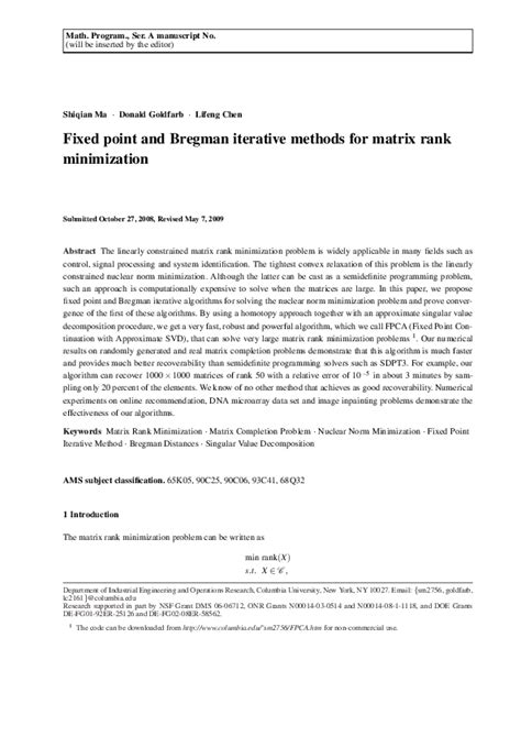 (PDF) Fixed point and Bregman iterative methods for matrix rank minimization | Donald Goldfarb ...