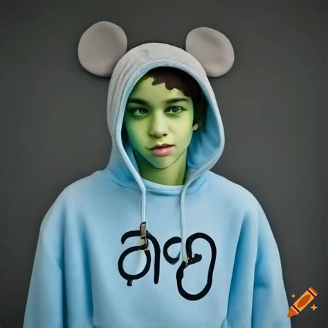 Green-skinned teenager in a unique sweatshirt with punctuation symbols