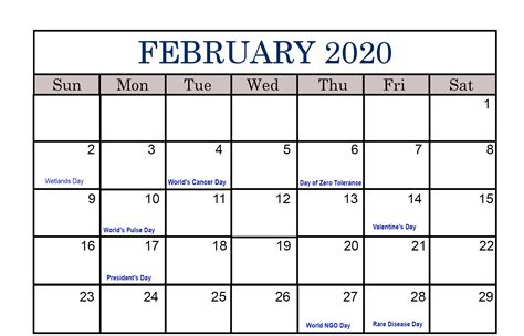 February Calendar 2020 with Holidays | Holiday calendar, February ...