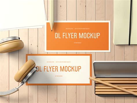 DL Landscape Flyer Mockup on a Desk Free PSD | Mockup World HQ