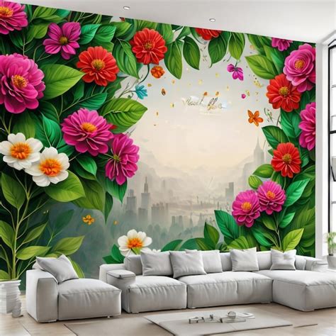 Premium AI Image | A large wall mural of flowers and butterflies.