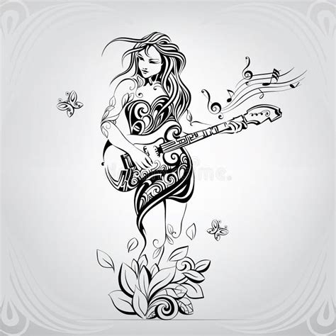 Girl Guitar Player Silhouette, Contour Drawing, Outline Black and White ...