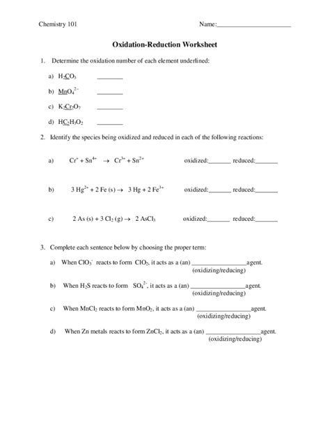 Fillable Online Worksheet 25 - Oxidation/Reduction Reactions Fax Email ...