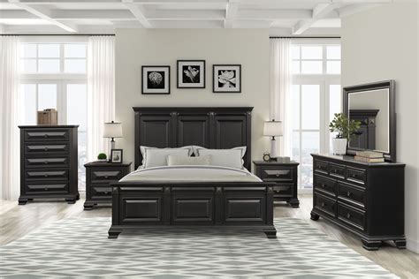 Renova Vintage Black Wood Bedroom Set, Queen Panel Bed, Dresser, Mirror, Two Nightstands, Chest ...