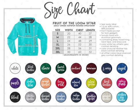 Fruit of the Loom SF76R Size Color Chart Fruit of the Loom - Etsy UK