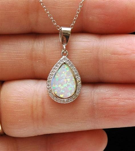 Pear Shape White Opal Necklace, CZ Silver Necklace, Lab Opal Pendant ...