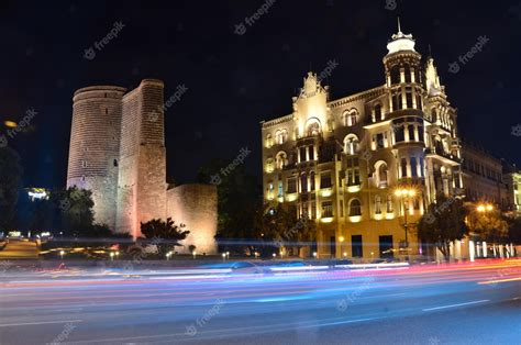 Premium Photo | Maiden tower and historical building in the night city of baku