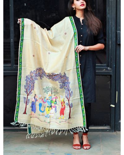 Ecru multi color tussar silk dupatta by Arts of India | The Secret Label