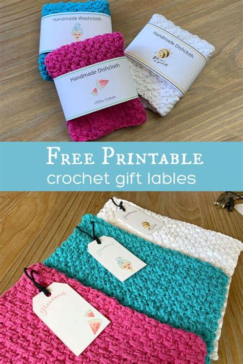 three crochet gift bags with free printable labels on the front and bottom