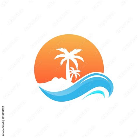 palm tree with the waves of ocean at beach on sunset vector logo design ...