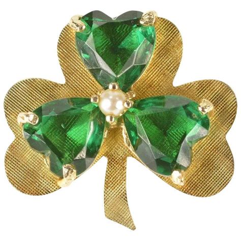 14K Retro Sim. Emerald Shamrock Clover Pearl Pin/Brooch Yellow Gold ...