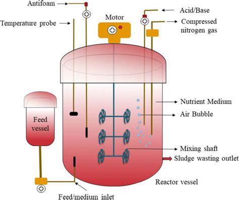 Fed-batch reactor has a temperature probe, pressure gauge, cooling ...