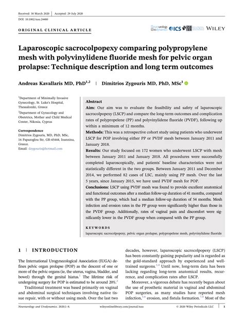 (PDF) Laparoscopic sacrocolpopexy comparing polypropylene mesh with polyvinylidene fluoride mesh ...