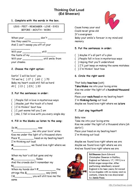 Thinking out Loud - Ed Sheeran song…: English ESL worksheets pdf & doc