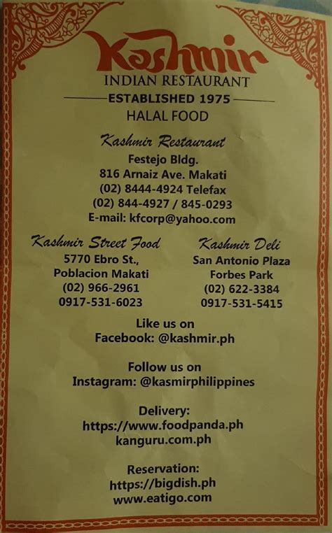 Menu at Kashmir restaurant, Makati, 816 Antonio Arnaiz Ave