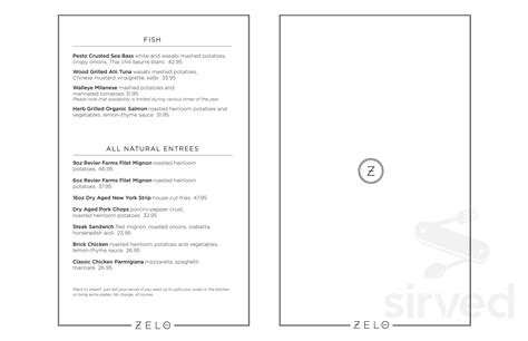 Zelo menu in Minneapolis, Minnesota, USA