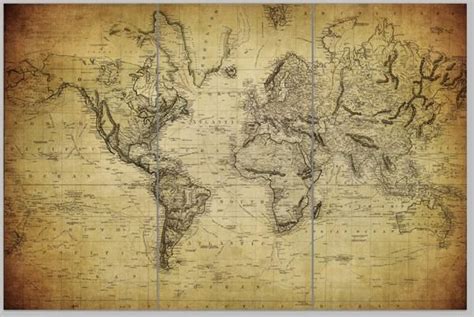 Golden Brown Vintage World Map Wall Art - Circa 1850 | Map wall mural ...