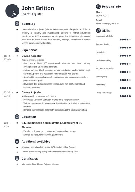 Insurance Claims Adjuster Resume Sample with Skills