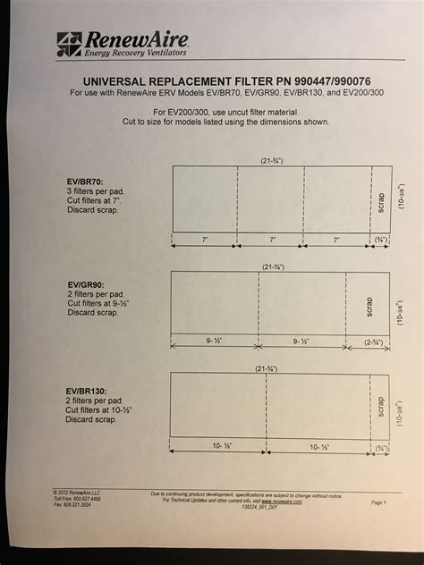 Renewaire Filters - 990447 - EV70 - EV90 - EV90P - EV130 - EV200 - EV300