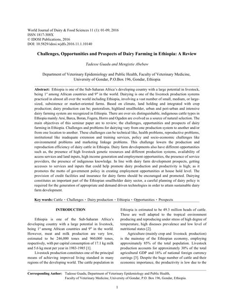 (PDF) Challenges, Opportunities and Prospects of Dairy Farming in Ethiopia: A Review