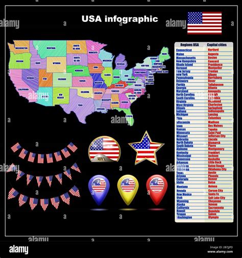 Map of USA with regions. Colorful graphic illustration with map of USA ...