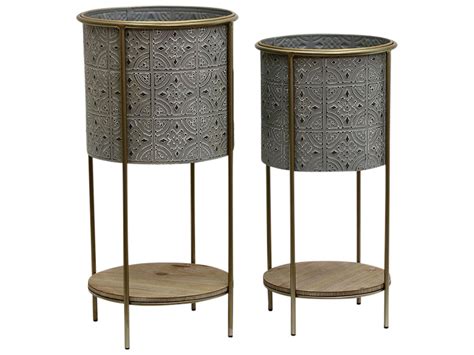 Grey & Gold Tall Metal Planters With Timber Base - Set Of 2