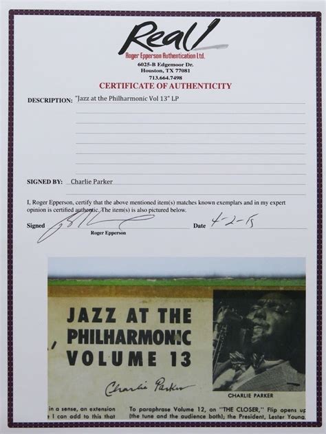 Charlie Parker – Signed Album Cover, With Epperson COA