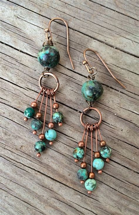 Alambre de cobre con bolas en turqueza Turquoise Earrings Dangle ...