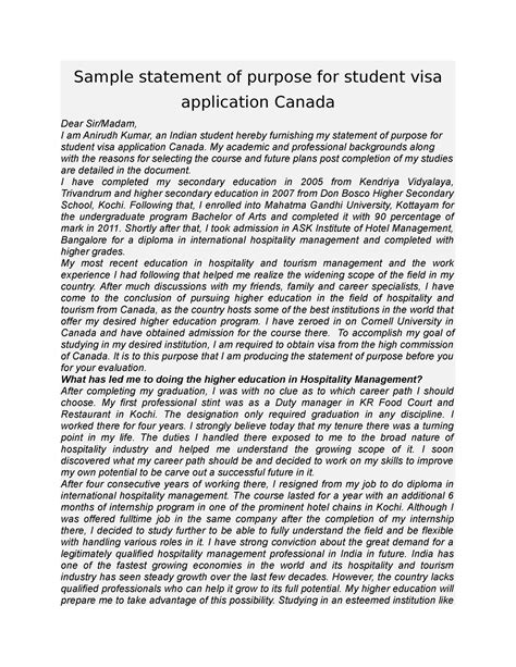 Sample statement of purpose for student visa application Canada - My ...