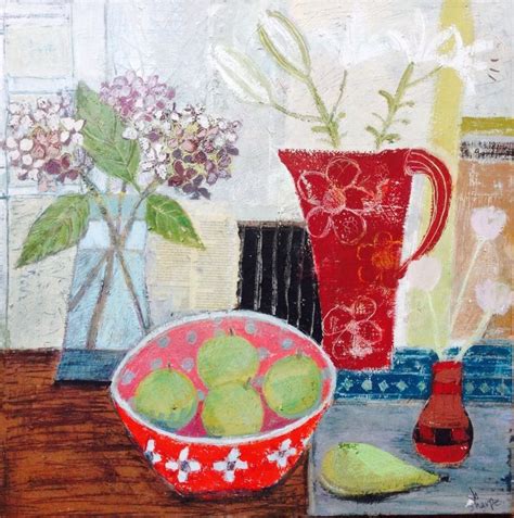 A contemporary still life with lilies and apples in a red bowl - Art print