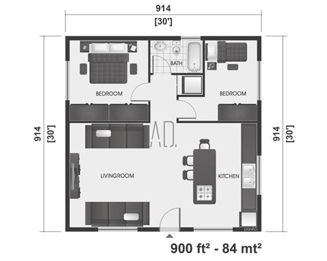 30x30 Floor Plan, Modern House Plan, 2 Bedroom House Plan, Small ...