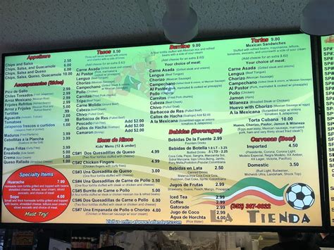 Menu at La Tienda restaurant, Gainesville