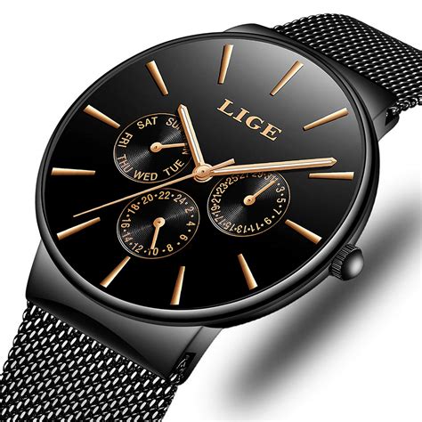LIGE Ultra Slim Mens Watches Quartz Luxury Black Sub Dial Analogue Quartz Watch Men Waterproof ...