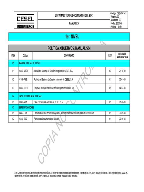 CSGI-P-01-F1 Registro de Lista Maestra Doc SGI CESEL Al 21.10.09 | PDF