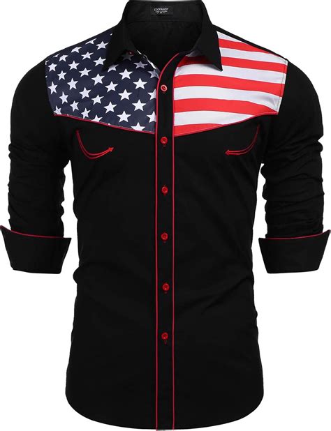 COOFANDY Men's American Flag Shirts Casual Long Sleeve Western Button ...