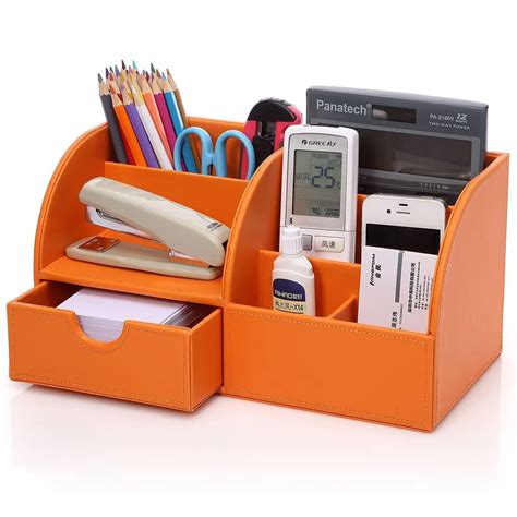 Orange 7 Storage Compartments Multifunctional PU Leather Office Desktop Organizer, Stationery ...